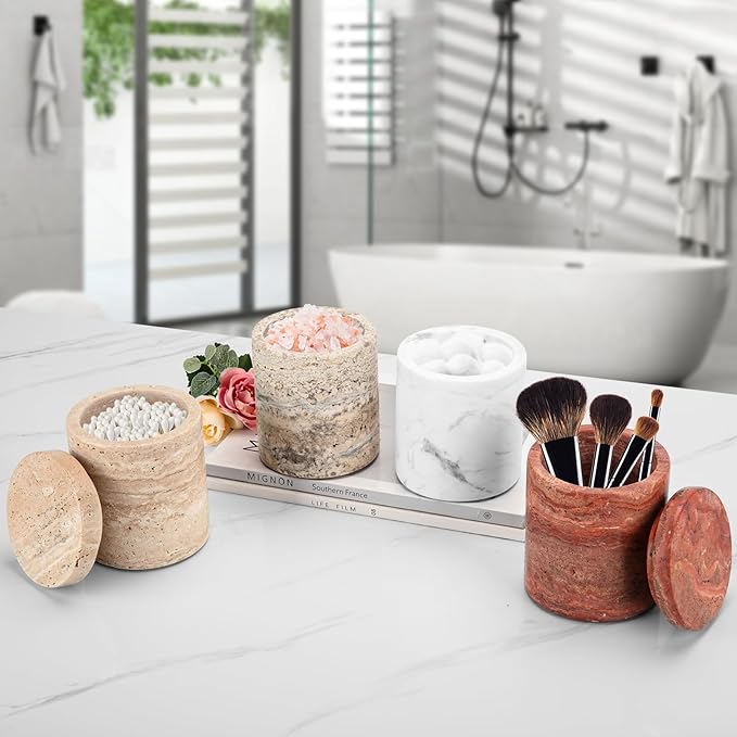 Natural Marble Canister, Cotton Swab Holder with Lid, High Capacity Bathroom Qtip Holder Storage for Cotton Swab, Floss Picks, Makeup Pad, Bath Salt, Jazz White(NS020)