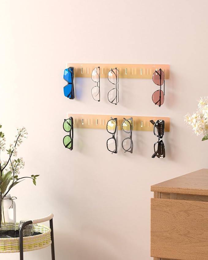 MaxGear Sunglasses Organizer Wall Mount, 2-Pack Acrylic Eyewear Display Holder with 14 Slots, Sunglasses Storage, Includes Adhesive Tape & Screws, Wall Mounted Shelf for Closet, Cabinet, Iridescent