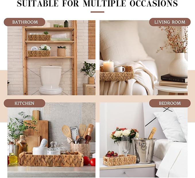2 Pcs Toilet Paper Basket for Back of Toilet Wicker Water Hyacinth Basket Topper and Vanity Tray Set with Built-in Handles for Paper Hand Towel, Bathroom, Home, Spa(Light Brown)