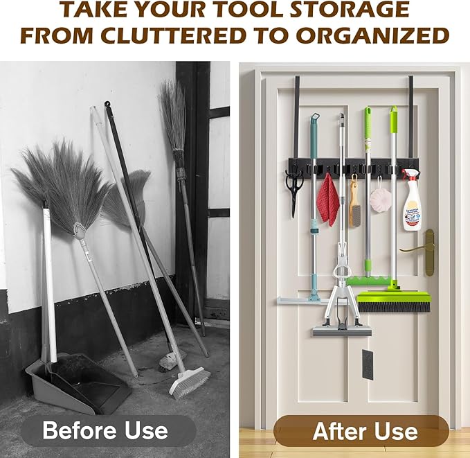 Mop and Broom Holder Over the Door, Wood Broom Hanger, Broom and Mop Organizer with 4 Slots and 7 Hooks, Drilling-Free Mop and Broom Holder for Garage, Laundry Room, Broom Hanger and Storage Tool