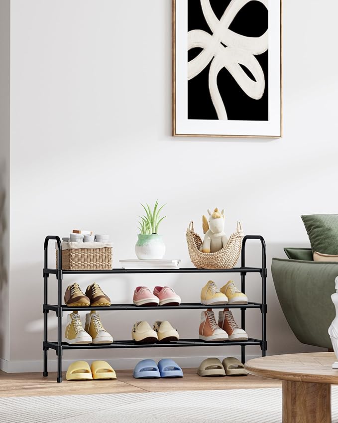 Kitsure Shoe Rack - 3-Tier Space-Saving Shoe Organizer & Shoe Shelf with Handle, Easy Assembly, Sturdy Metal Shoe Rack for Closet, Entryway, Bedroom, 28.0" x 11.8" x 26.5", Black