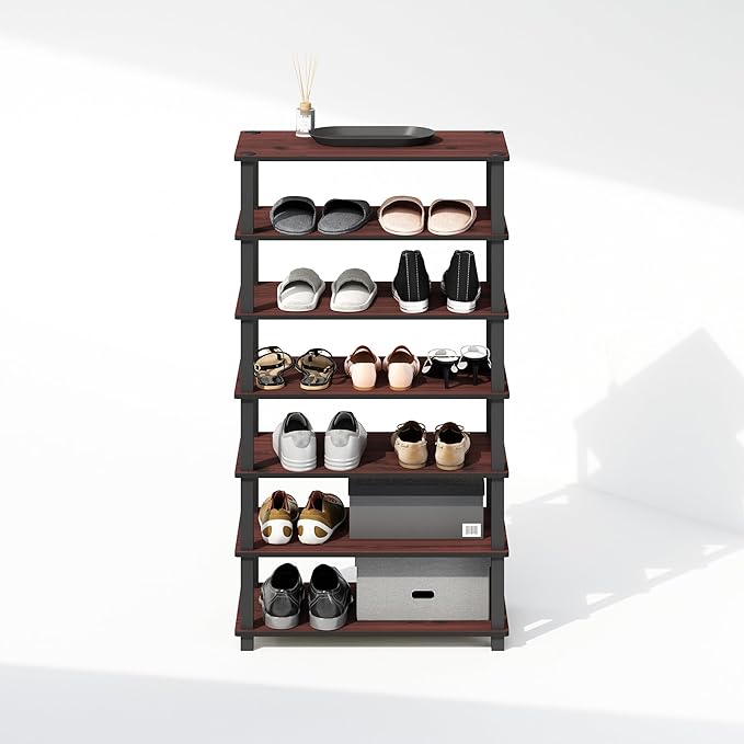 Furinno Turn-S-Tube Set of 2 Shoe Rack, 4-Tier Shoe Organizer, Shoe Storage with Multipurpose, 11.6 x 23.6 x 22.3, for Closet Entryway, Office, Garage, Dark Cherry/Black, Set of 2
