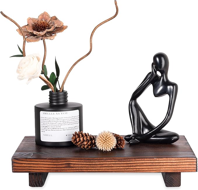 Bathroom Counter Organizer Wood Pedestal Stand Farmhouse Decorative Tray Soap Holder for Kitchen Decor, 9" x 6" - Dark Brown