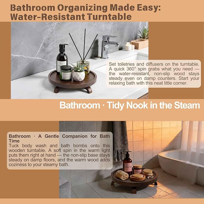 10" Solid Wood Lazy Susan Turntable Organizer for Cabinet, Pantry, Kitchen Countertop - Farmhouse Style with Raised Feet & Water-Resistant Coating, Rustic Bathroom Vanity Tray and Dining Table Decor