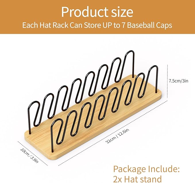 Hat Organizer for baseball Caps 2 Pack Wooden Hat Rack Stand for Closet Storage up to 14 Ball Caps