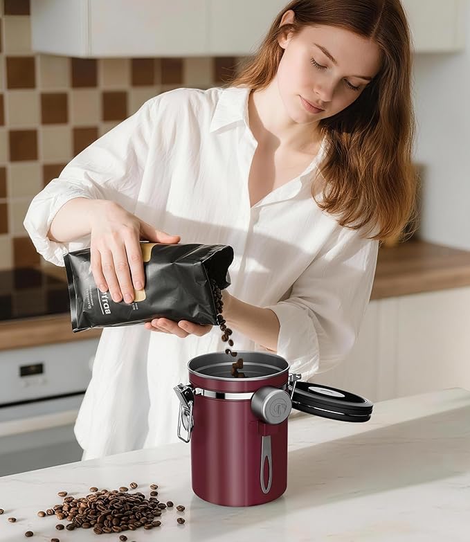 Coffee Gator Coffee Canister, Airtight Kitchen Food Storage Container with Date Tracker, Scoop for Sugar,Grounds Coffee, Bar Accessories, Beans,Tea, Sugar, Cereal, Flour, Cookies Jars (Red, 11oz)