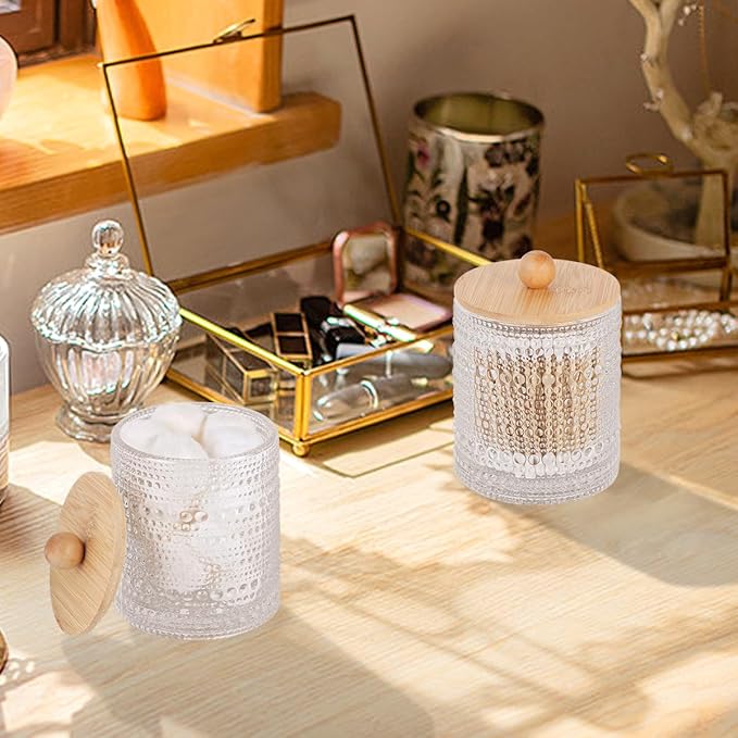 Bathroom Qtip Holder Set,Glass Apothecary Jars with Lids,Bamboo Cotton Ball Holder,Clear Cotton Swab Holder,Bathroom Vanity Storage Organizer Jars for Round,Bath Salts,Candy,Jewelry (Nail)