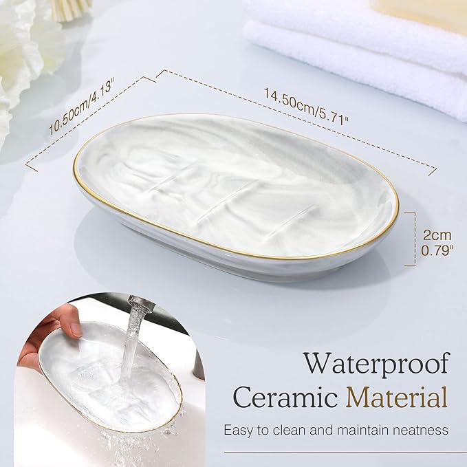 Luxspire Soap Dish Holder, Ceramic Marble Soap Tray Bar Soap Holder with Gold Trim, Oval Sponge Case Box Hand Soap Plate Container for Bathroom Vanity Shower Kitchen Sink Easy Cleaning, Marble White
