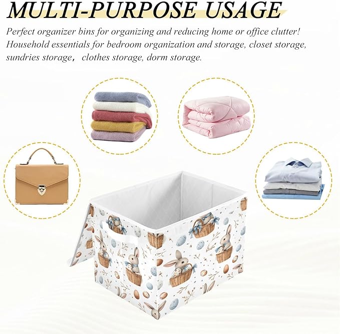 senya Easter Baskets Collapsible Storage Bins with Lids, Watercolor Easter Bunnies Pattern Storage Boxes Clothes Baskets for Organizing