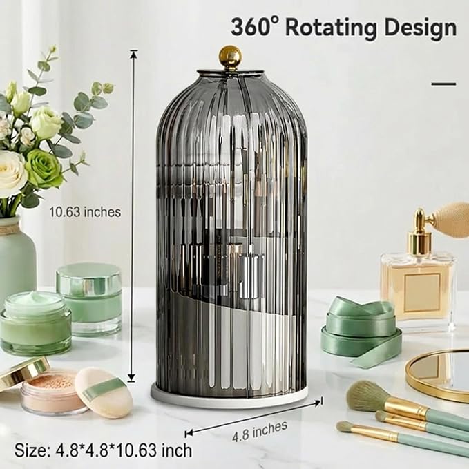 Makeup Brush Holder with Lid 360° Rotating 3-Compartment Makeup Organizers for Vanity, Waterproof & Dustproof Cosmetic Storage Box for Dressing Table (Transparent Black)