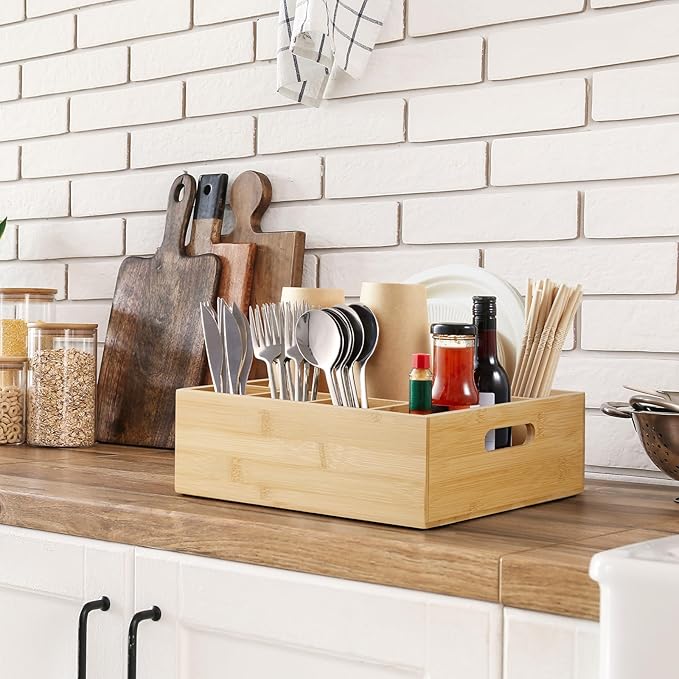 Bamboo Utensil Holder for Party, 6-Compartment Paper Plate and Silverware Organizer with Handles, Utensil Caddy for Parties, Outdoor Gatherings, and Kitchen Countertop Organization