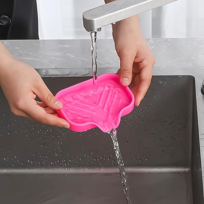 MicoYang Silicone Bathroom Soap Dishes with Drain Spout-Bathroom and Kitchen Sink Organizer,Sponge Holder,Dish Soap Tray,Perfect for Dispenser,Scrubber,Bottle,Cup on Sink or Counter-Rose 4.9"×3.2"