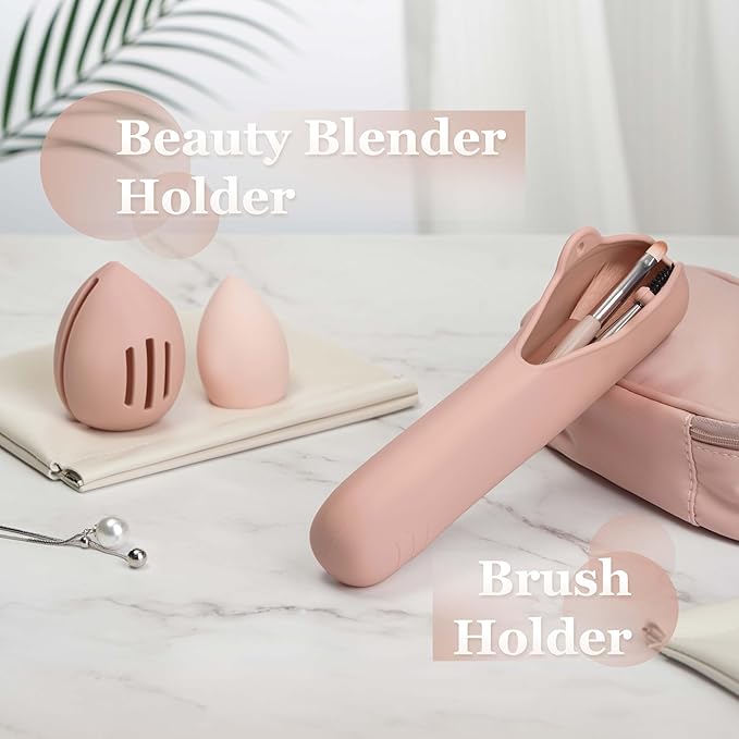 Bpluma Silicone Makeup Brush and Beauty Blender Holder, Half open Snap Design, Washable Powder Puff Case For Travel Business