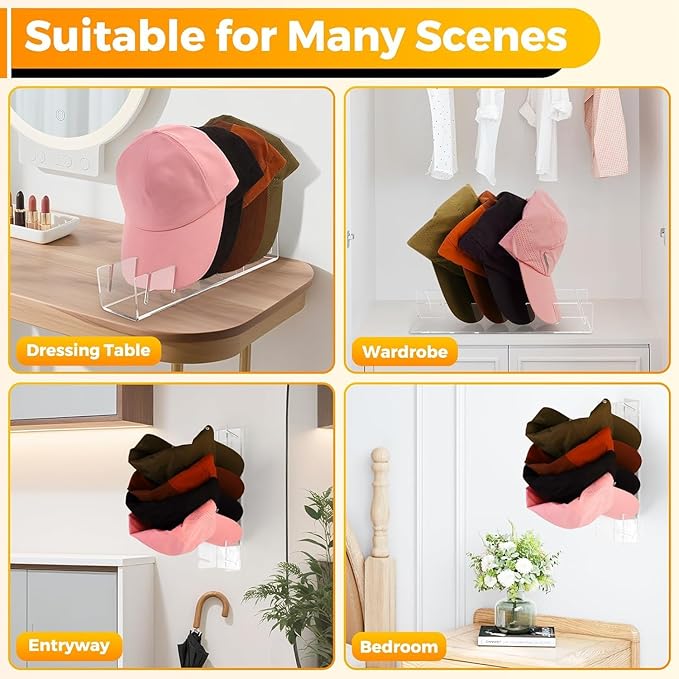 Acrylic Hat Organizer for Baseball Caps, 2-Pack No Installation Hat Rack, Clear Hat Stand Holder with 7 Slots, Non-Slip Adhesive, Bedroom, Entryway, Dresser, Tabletop, Display and Organize