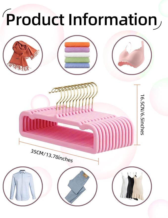 HGYZE Velvet Pants Hangers 20 Pack, 360° Swivel Gold Hook, Non Slip Felt Hanger for Spaghetti Strap Dresses Slack Jean, Blush Pink and Gold Felt Hangers, Cute Flocked Trouser for Adult Teen