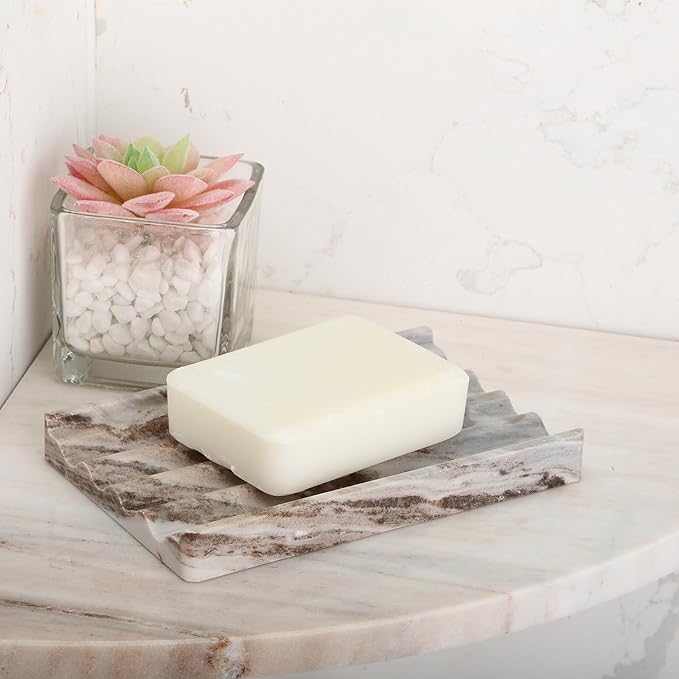 Koville Natural Marble Soap Dish for Shower, Stone Soap Tray for Bathroom, Bar Soap Holder for Sink, Stripe Grooves Saver Stone Dish Tray Keep Bars Dry Easy Clean(Palissandro Classico)