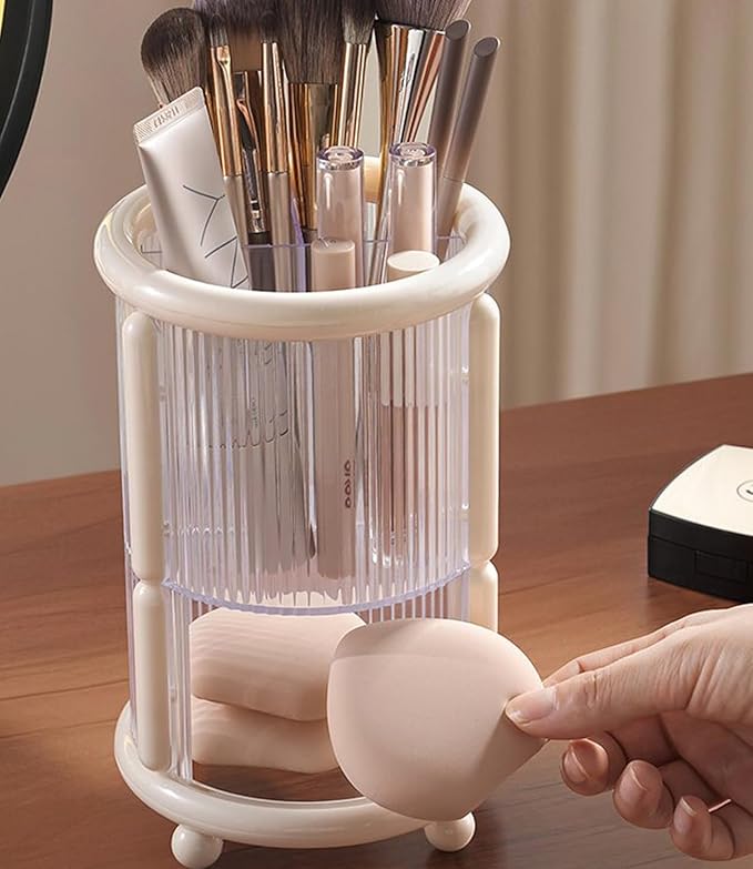 Upgrade Makeup Brush Holder Organizer with Lid, Automatic Lifting Dustproof Makeup Brushes Organizer with 4 Compartments for Vanity,Cosmetic Storage for Dresser Countertop (White)