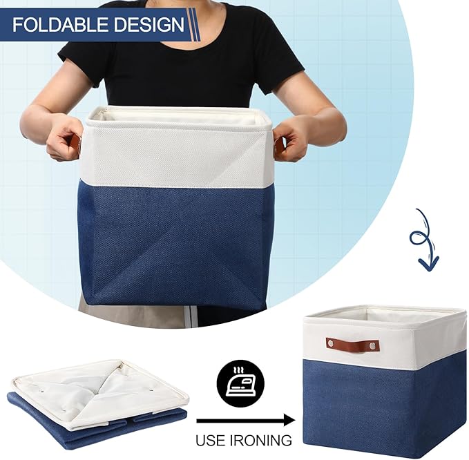 Uiifan 8 Pack 12 x 12 x 12 Inch Large Storage Baskets Collapsible Fabric Storage Cubes Bins with Handles for Shelves Closets Nursery Home Clothes Toys Organizers, Blue