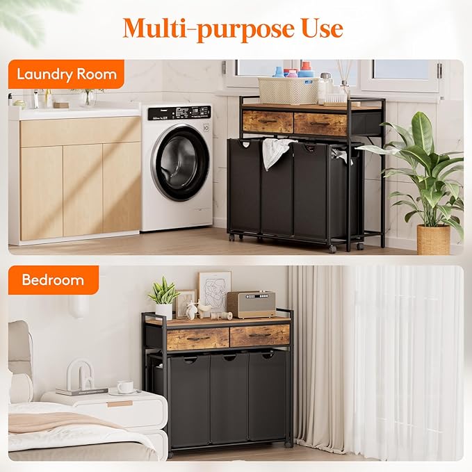 Lifewit Laundry Hamper 3 Section, Large Rolling Laundry Sorter with Shelf & 2 Drawers, Pull-Out Laundry Basket Organizer with Wheels and Removable Bag for Laundry Room Bathroom, Rustic Brown and Black