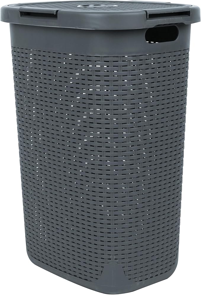 Mind Reader Slim Laundry Hamper with Lid, 60L Tall Clothes Basket, Narrow Tapered Design for Bathrooms, Closets and Laundry Rooms, Plastic, Gray