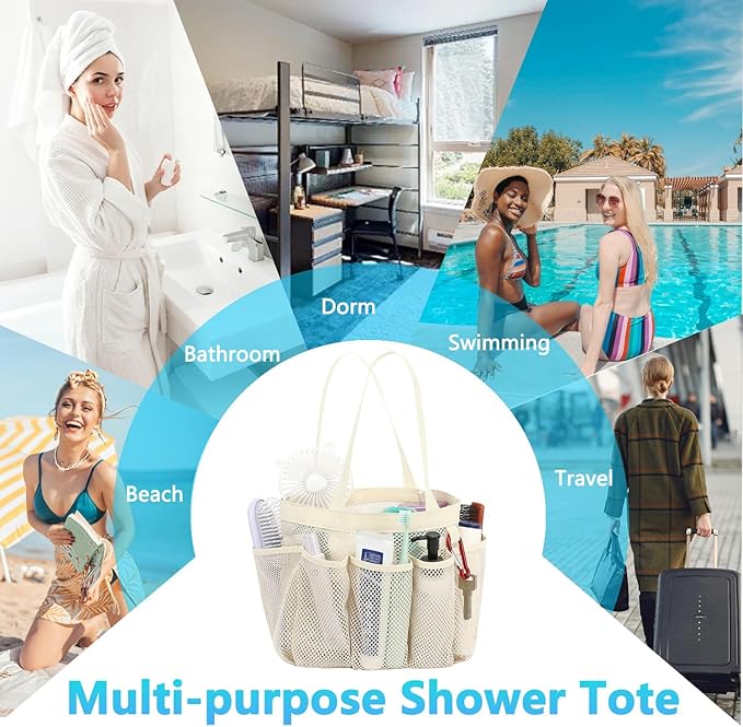 Fammart Mesh Shower Caddy Portable for College Dorm Room Essentials, Odorless Polyester Large Shower Tote Bag with Dual Handles, 8-Pocket Quick-Dry Toiletry Organizer for Travel, Beach, Camping, Gym