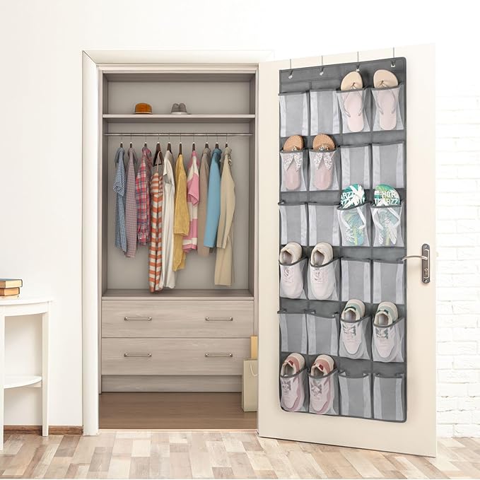 F-color Large Hanging Organizer - Over the Door Shoe Organizer, Cruise Essentials for Closet & Pantry, 24 Breathable Mesh Pockets, Space Saving Hanging Storage Holder with 4 Heavy-Duty Metal Hooks