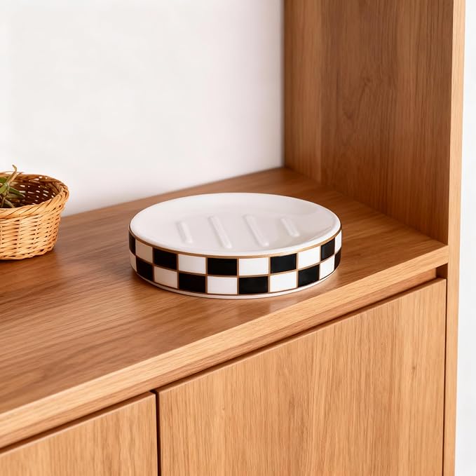 Ceramic Checkered Soap Dish,Black&White Soap Dish for Bathroom Sink, Bar Soap Holder for Bathroom Decorative Counter,Checkered Deco (Black)