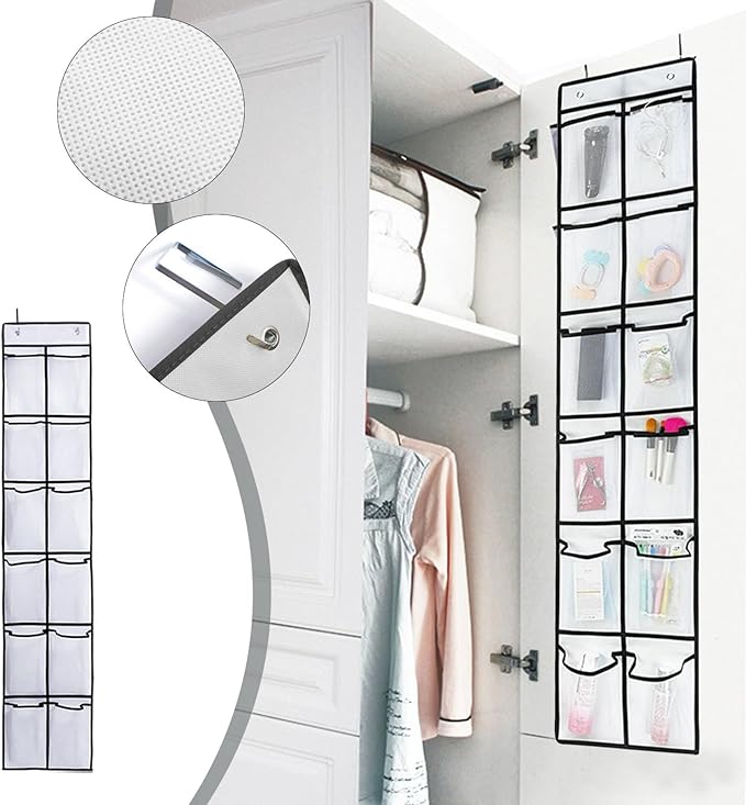 Over The Door Shoe Organizers, 2024 New 12 Large Pockets Hanging Shoe Organizer, Shoe Rack for Closet Entryway Bedroom Bathroom Pantry Shoe Holder, 2 Metal Hook