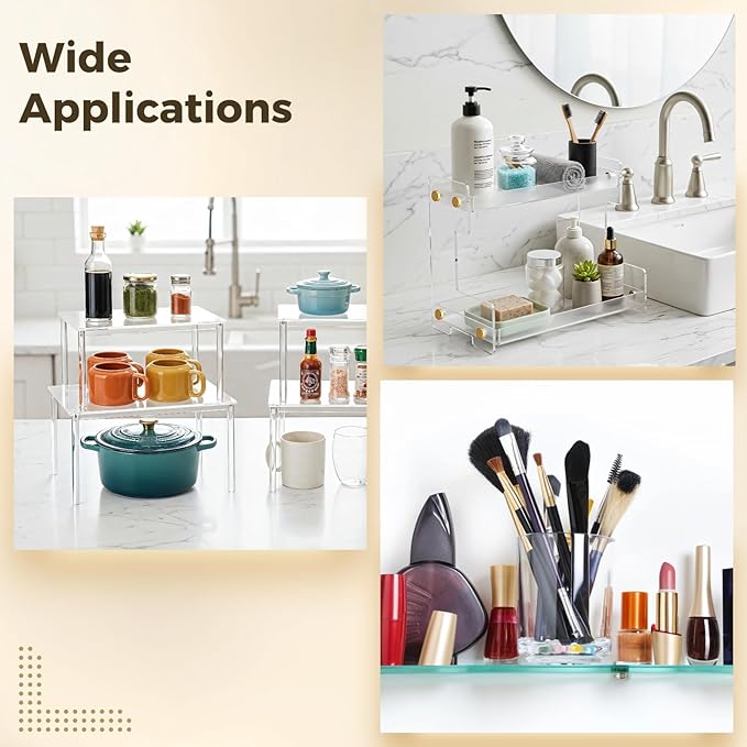 4 Pcs Clear Acrylic Cabinet Organizers, Stackable Countertop Spice Racks, Modular Shelf Risers for Kitchen Pantry Bathroom Desk Storage, Mixed Sizes