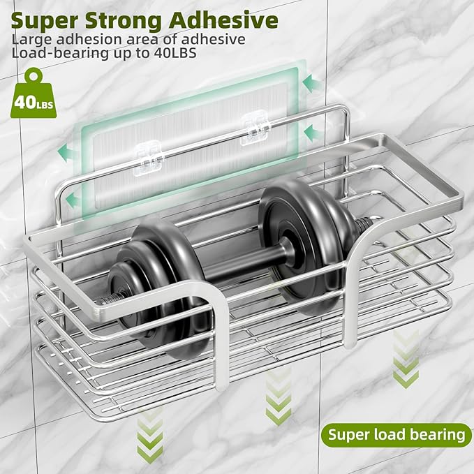Yougai Shower Caddy, Shower Organizer with Soap Holder and Hooks, Rustproof Shower Shelves, No Drilling Bathroom Organizers and Storage, Wall-Mounted Kitchen & Home Decor (Silver)