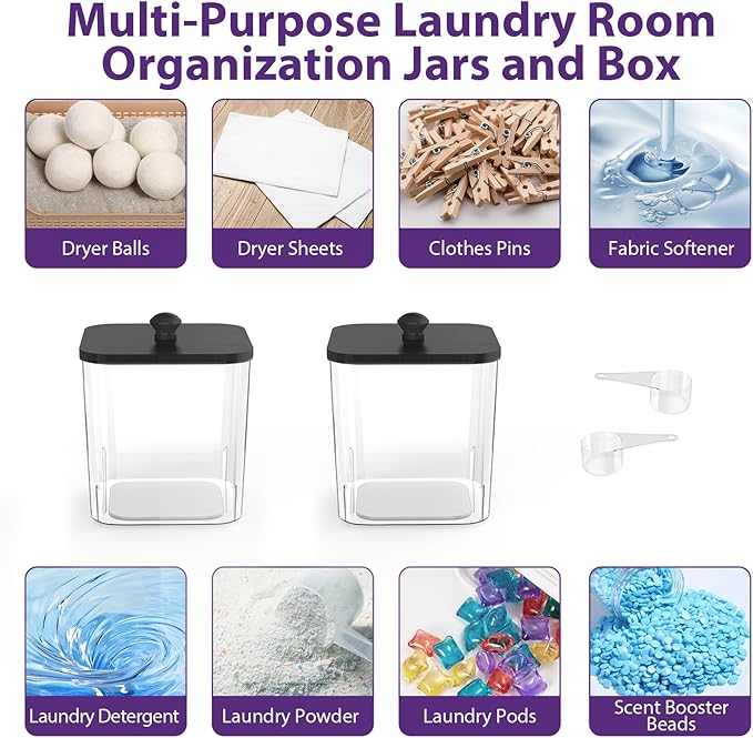 COAZEX 2 Pack Clear Laundry Pods Container, Plastic Square Laundry Room Organization and Storage Jars with Black Lids, Scoops & Labels for Detergent, Powder, Dryer Balls