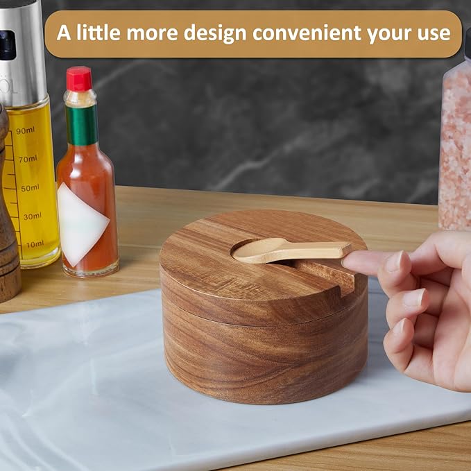OUTNILI 2-Compartment Acacia Salt Box with Lid and Spoon, Salt Cellar with Swivel Lid, Salt Container Holder for Sea Salt Herbs or Favorite Seasonings, Dual 6 oz Salt Bowl