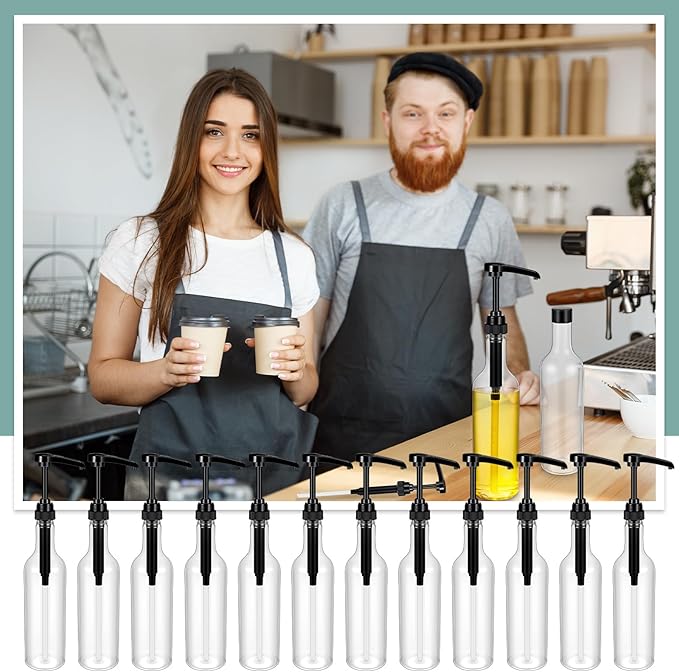 Maxdot 12 Pcs 25 oz Syrup Bottles with Pump Long Neck Bottles Plastic Syrup Pump Dispenser for Coffee Bar Accessories Home Party (Black)