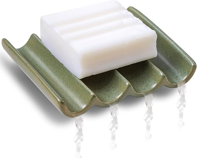 Ceramic Soap Dish, Draining Bar Soap Holder Tray, Soap Saver for Shower, Bathroom, Sink, Kitchen and Countertop, Decorative Square Soap Dish, Green 1 Pcs