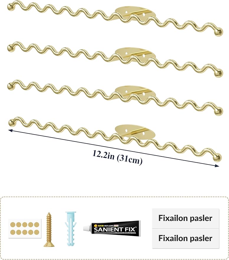 NiHome Wall Mounted Metal Jewelry Organizer Racks for Necklaces, Earrings, Bracelets, Rings, Decorative Display Wave Design Storage Holders for Bedroom, Bathroom, Kitchen, Entryway (4-Pack, Gold)