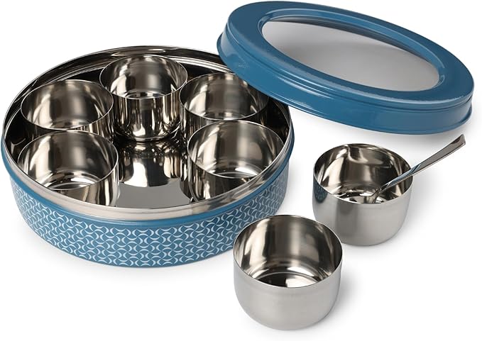 dudki 7 in 1 Stainless Steel Spice box for kitchen sturdy Masala dabba jar for Spices Seamless Design (Dusky Blue)