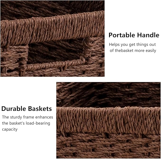 joybest Dark Brown Wicker Baskets for Shelves, 13.4L x 8.3W x 7.1H inch Hand-woven Storage Baskets for Pantry Organizing, Foldable Rectangular Bin with Handles, 2-pack