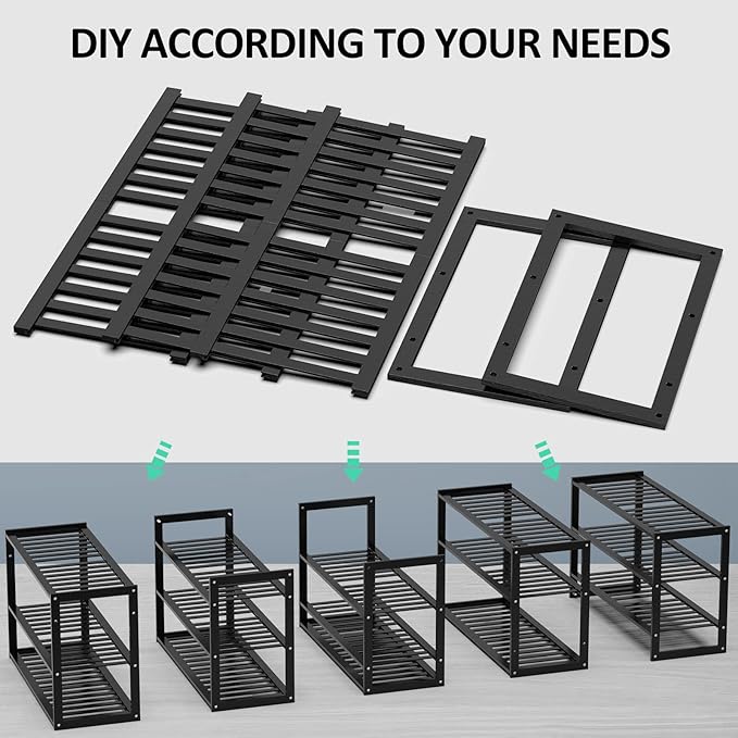 Jripae Bamboo Shoe Rack for Entryway, 27.5inch Stackable 3 Tier Shoe Organizer Shelf Storage 9-12 Pairs Shoes Stand Cubby for Closet Door Hallway Bedroom Garage Black, Thanksgiving
