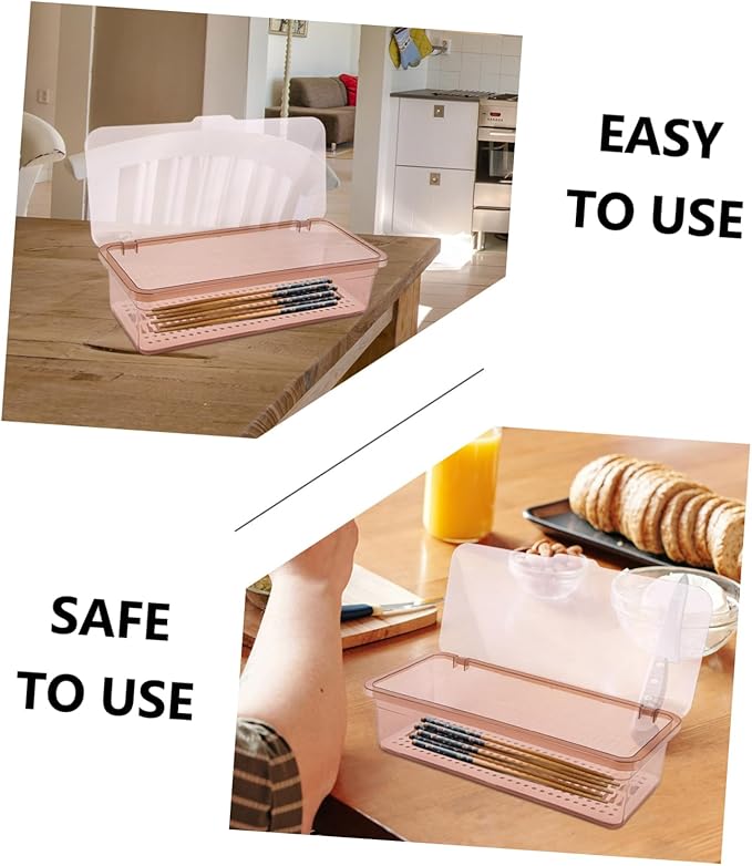 Plastic chopsticks drain storage box with lid - kitchen utensil organizer for countertop - covered holder for silverware, forks, and cutlery - 11.02 x 5.12 x 2.76 inches (brown)