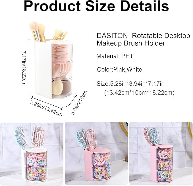 DASITON 3-Layer Makeup Brush Holder with Hair Accessories Organizer, Rotatable Desktop Organizer Case for Hair Clip, Makeup Sponge, Jewelry and Hair Accessories, Hair Brush Holder for Vanity (White)