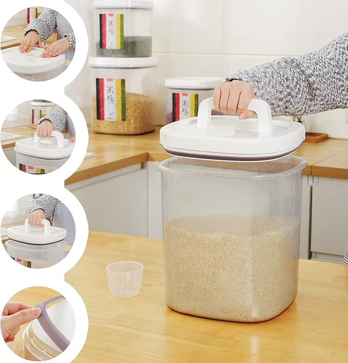 Rice Dispenser,10 Lbs Rice Container Storage with Measuring Cup Food Cereal Container Bins Household for Kitchen Pantry Organization