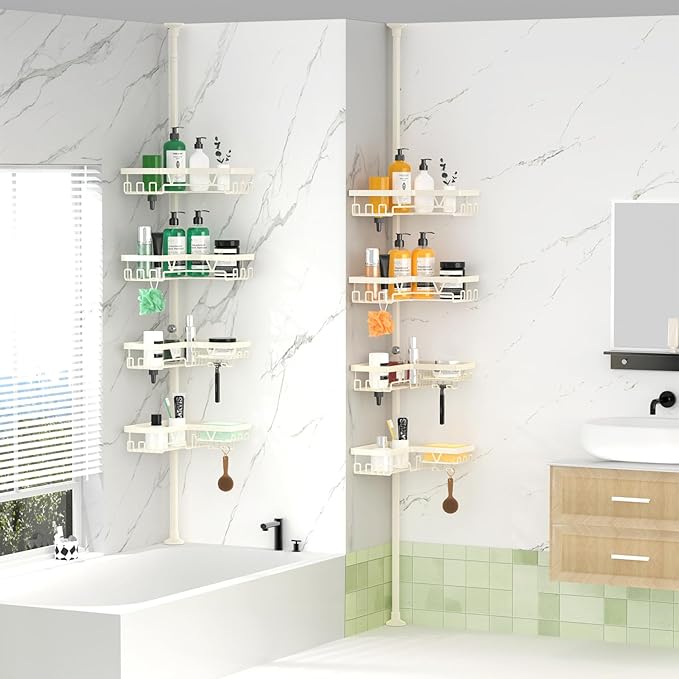 DAOYA Corner Shower Caddy Tension Pole, 4-Tier Adjustable Corner Shower Caddy with Soap Dish & Razor Holder, Stainless Steel Tension Pole Shelf Fits Bathtub & Floor 25-114.2 inches(Off-white)