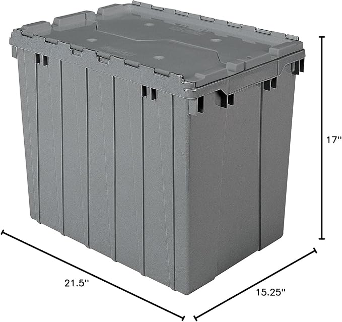 Akro-Mils 39170 Industrial Plastic Storage Tote with Hinged Attached Lid, (21-Inch L by 15-Inch W by 17-Inch H), Gray, (3-Pack)
