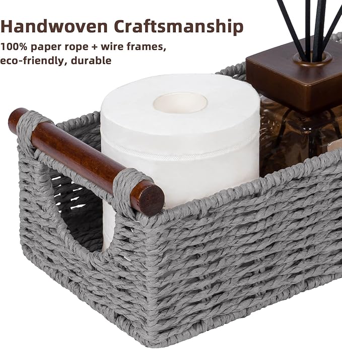 CubesLand Small Wicker Toilet Basket Tray Organizer W/Cut Out Handle, Handwoven Slim Decorative Basket for Countertop, Shelves And for Rustic Home Decor, Living Room, Nursery Organization, Grey