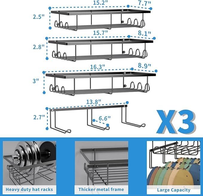 3 Packs Wall Hat Organizers with Multiple Hooks, Metal Hat Racks for Baseball Caps, Hat Storage Holders Up to 108 Caps for Closet, Entryway,Black