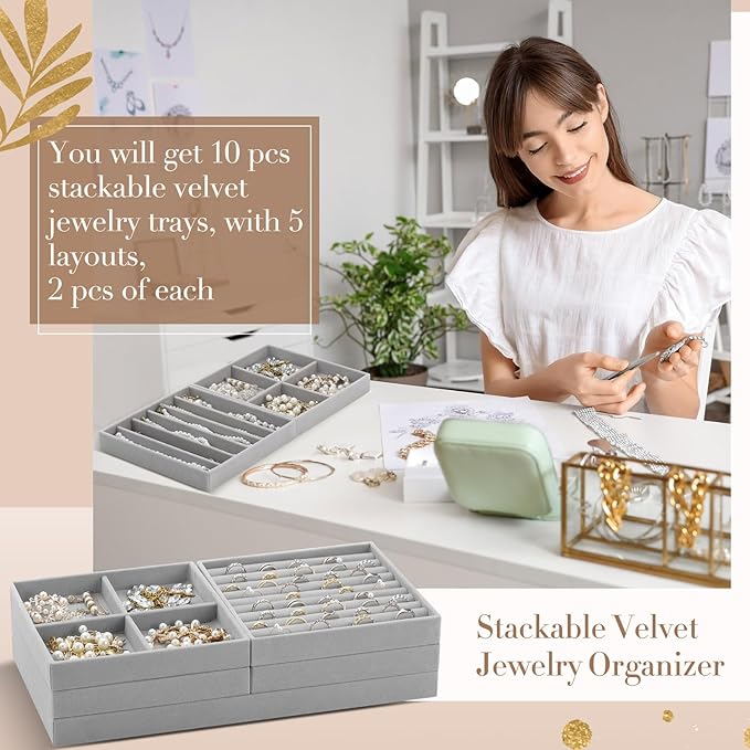 Cinnvoice Set of 10 Stackable Jewelry Organizer Trays for Drawer 14 Inch Velvet Jewelry Drawer Insert Display Storage with Removable Divider for Necklace Earring Ring Watch Bracelet (Gray)