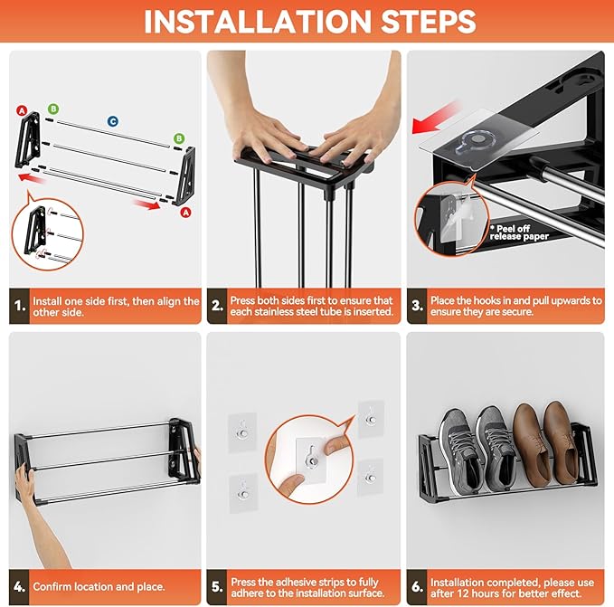 Wall Mounted Shoe Rack, 3 Pack Wall Shoe Rack Holds 6 pairs of shoes with Sticky Adhesive Strips, shoe organizer Space Saving Slim Organizer Racks Wall Mount Shoe Storage for Camper shoe hanger Black