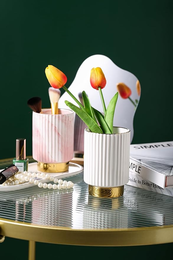 IEEK Makeup Brush holder Organizer,Glass Cosmetic Makeup Brush Cup Ceramics Brushes Storage Holder,White and Gold Modern Make Up Brush Cup Pen Pencil Holder Striped Vase