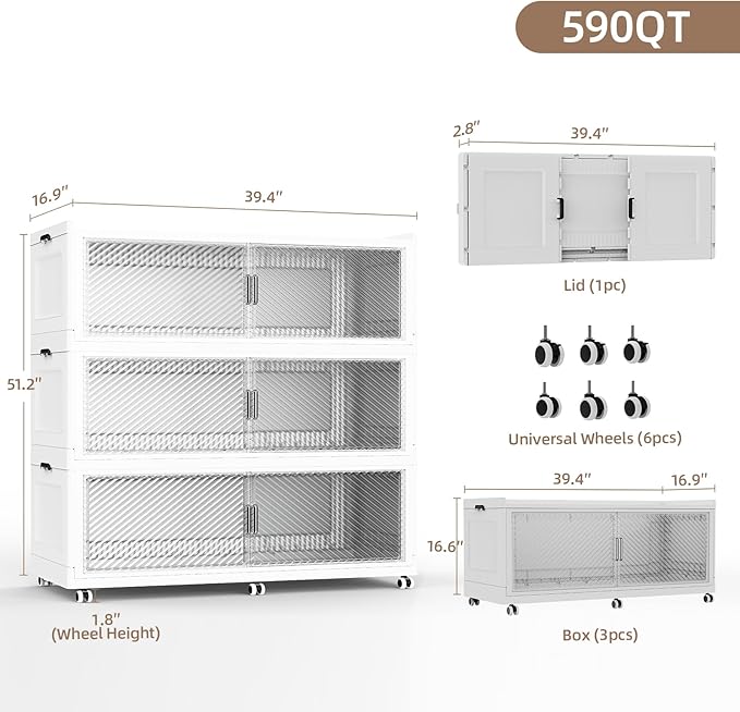 SAILUN 240Gal Extra Large Stackable Storage Bins with a Lid, Collapsible Storage Bins With Doors and Wheels, Foldable Storage Cabinet for Garage Closet Organization, White, 3Pack 39.4" W