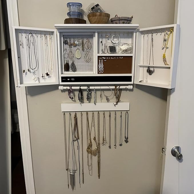 Rustic Wall Mounted Jewelry Organizer,Vintage Wooden Hanging Jewelry Holder Box with Barndoor Decor for Necklaces, Earings, Bracelets, Rings, Accessories. Includes Hook Organizer